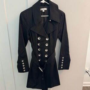 New York & Company Black Trench Coat with Silver Buttons